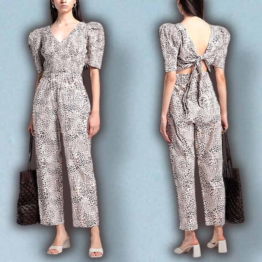 NWT Sea New York ‘Calla’ Cheetah 100% Cotton Smocked Jumpsuit in “Day” Size 00